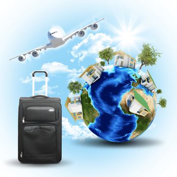 Earth with houses, airplane and voyage bag. Elements of this image are furnished by NASA