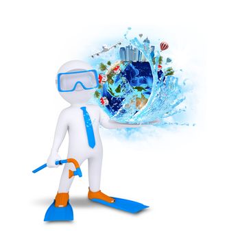 3d diver hold Earth with buildings and trees. Elements of this image are furnished by NASA