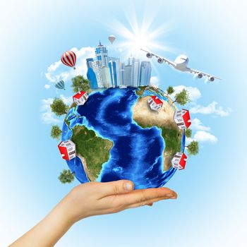 Woman hand hold Earth with buildings and airplane. Elements of this image are furnished by NASA