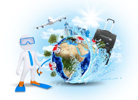 3d diver against Earth with buildings, airplane and water splash. Elements of this image are furnished by NASA
