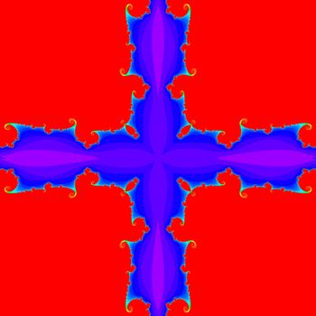 Digital computer graphic - patterned fractal cross in a bright colors background for design.