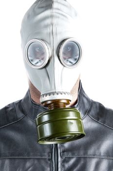 Men wearing a biker jacket and gas mask simbolizing danger in the environment