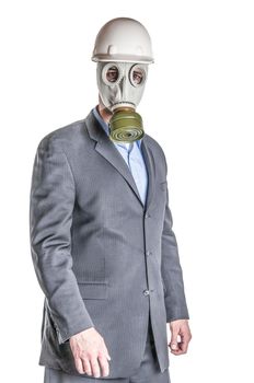 Men wearing a blue business suit and gas mask simbolizing danger in the environment