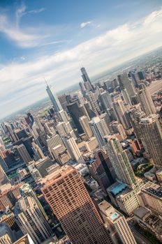 Downtown Chicago buildings viewed from above during sundown