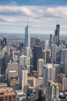 Downtown Chicago buildings viewed from above during sundown