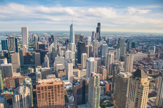 Downtown Chicago buildings viewed from above during sundown