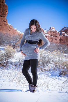 Beautiful expecting mother to be pregnant woman posing in front of nature in a winter wonderland snowscape at a lake by the mountains