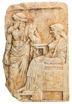 Ancient Greek sculpture with standing male and seated female divinities