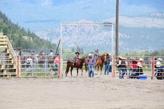 MERRITT, B.c. CANADA - June 14:  Young cowboy and his dad in stake race event at the Little Britches Rodeo June 14, 2014 in Merritt British Columbia, Canada