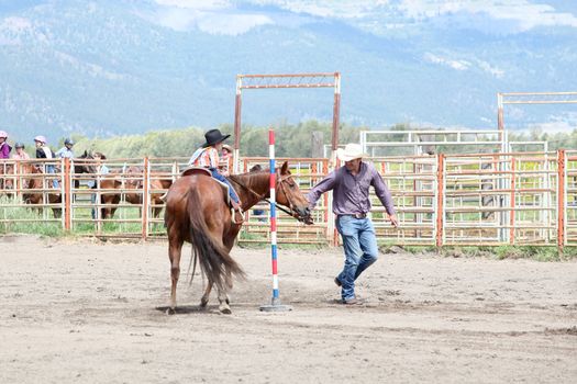 MERRITT, B.c. CANADA - June 14:  Young cowboy and his dad in stake race event at the Little Britches Rodeo June 14, 2014 in Merritt British Columbia, Canada