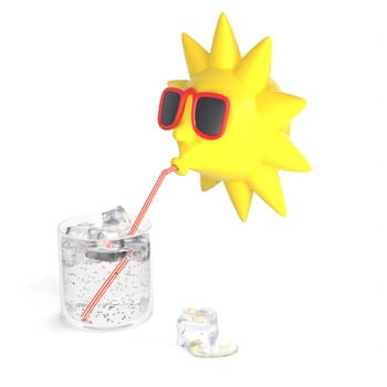 Yellow sun with sunglasses drinking water with straw