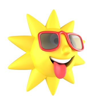 Yellow sun with sunglasses on turned sideways smiling, tongue sticking out, isolated on white background