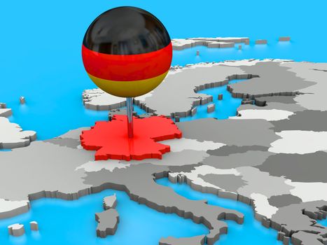 Red Germany pinned to the map of Europe with a big push pin coloured as the German flag