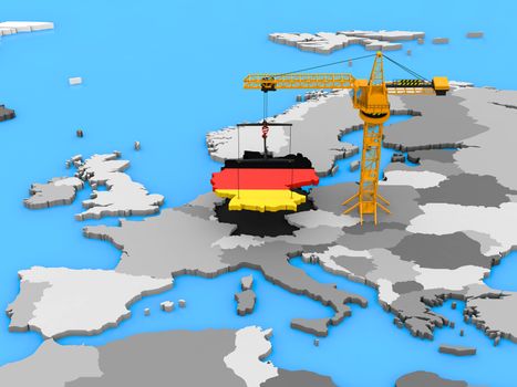 German flag in the shape of the country hanging on a crane over Europe