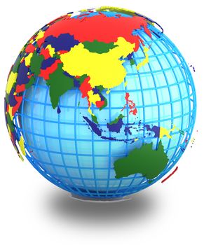 Political Map of Asia in four colours on a geographic net, isolated on white background