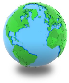 Western hemisphere, political map of the world with countries in different shades of green, isolated on white background. 