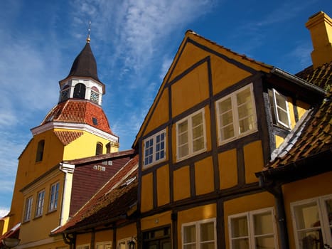 Classical old bell tower landmark of the old city Faaborg Denmark 