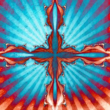 Digital computer graphic - patterned fractal cross in a bright colors background for design.