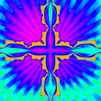 Digital computer graphic - patterned fractal cross in a bright colors background for design.