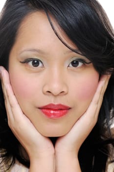 Asian girls closeup of face with makeup looking pretty