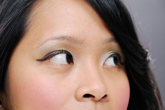 Asian lady brown eyes with makeup looking away