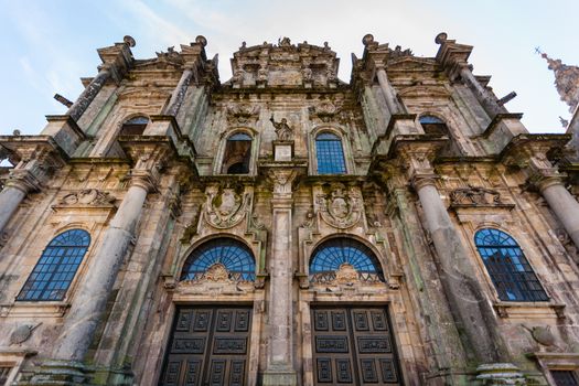 Wide closeup view of the north door entrance to the Cathedral of Santiago de Compostela ,Spain