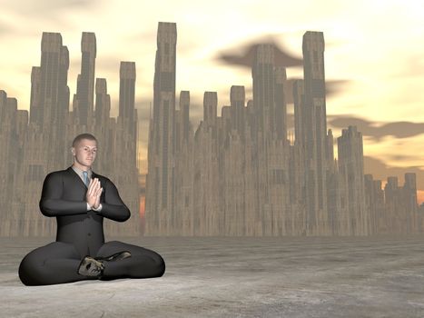 Businessman meditating in front of the city by sunset