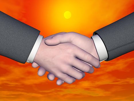 Businessman handshake by beautiful red sunset with yellow sun