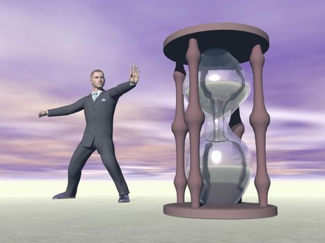 Businessman and hourglass in grey cloudy day