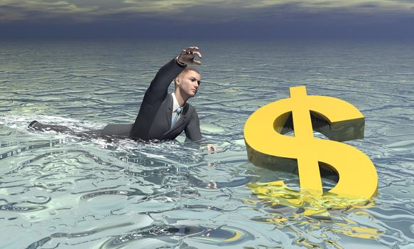 Businessman and golden dollar sinking in the water by grey cloudy day