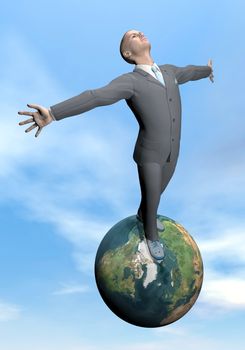 Businessman standing on a wooden pontoon looking at the ocean arms up for victory by beautiful day