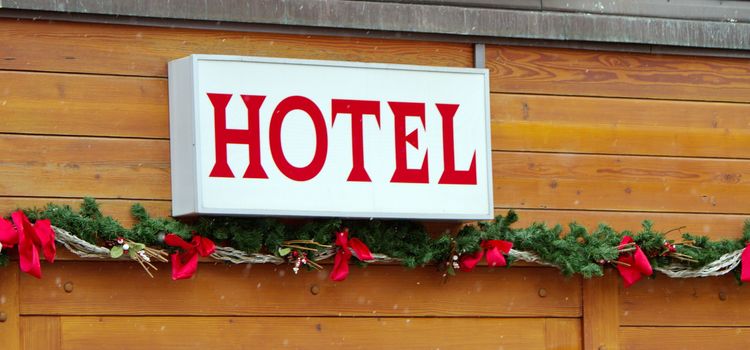 Hotel sign with colorful decoration for christmas