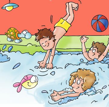 piscina con bimbi, tuffo, nuoto