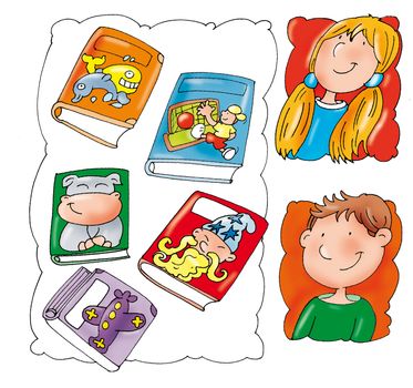 libri per bambini e viso bimbo e bimba,scolari.