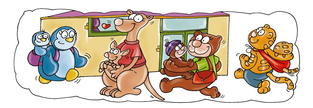 Animali si recano in asilo per portare piccoli
mamma e papà