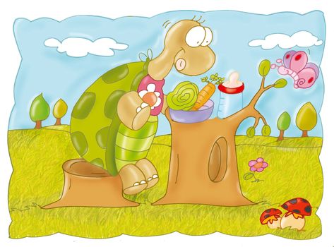 Tartaruga mangia sul tronco
insalata,nella foresta con amici animali