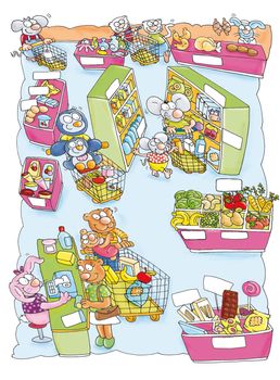 supermercato  dei topi con coniglio e pinguino