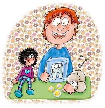 il bambino perde il dente,davanti
e arriva topolino,insieme allo gnomo