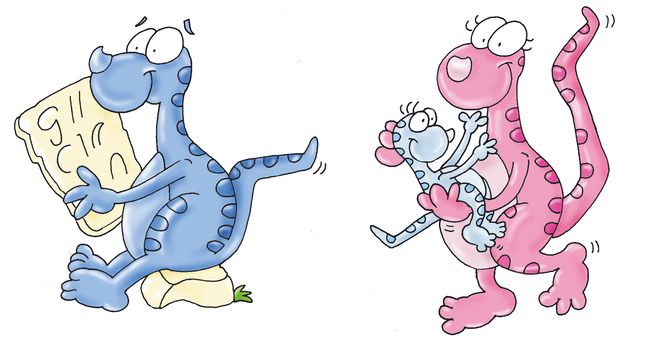 mamma e papà dinosauri,lui scrive ,lei addormenta il piccino