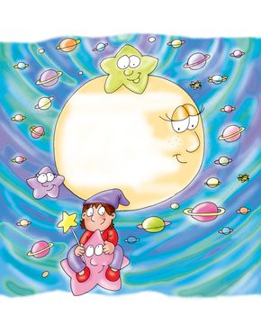 bambino cavalca una stella stella, con amica luna,
vola,felice,cappello da mago,magie,
pianeti,stelle,lune,costellazione,cosmo,pianeti
