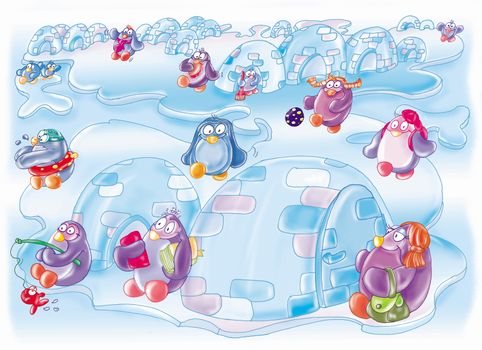 paesaggio esterno del polo  nord pinguini e iglù
ghiaccio