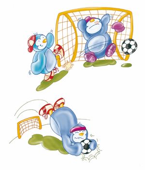 I pinguini calciatori,palla e rete,giocano