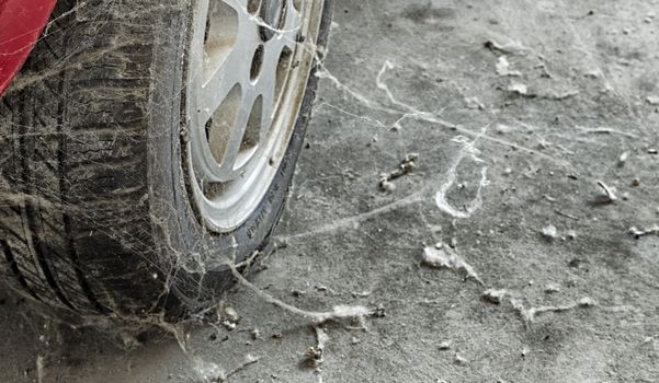 A 80���s car tire among cobwebs and dust 