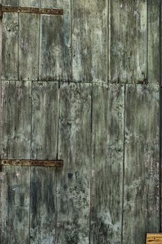 An old green painted wooden door with woodworm holes and rusty hinges