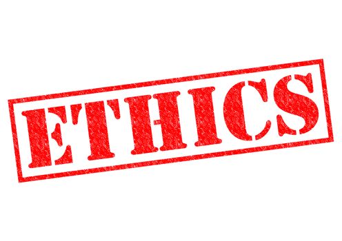ETHICS red Rubber Stamp over a white background.