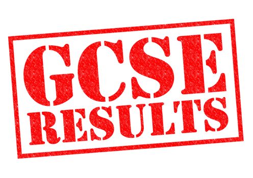 GCSE RESULTS red Rubber Stamp over a white background.