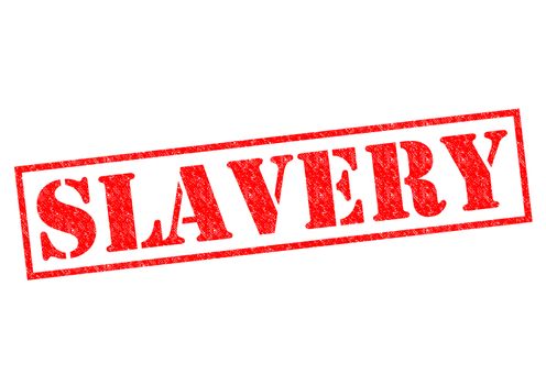SLAVERY red Rubber Stamp over a white background.