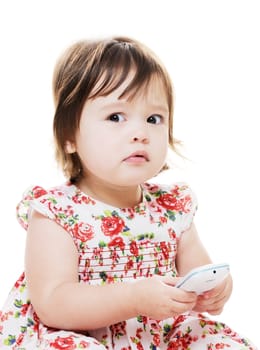 little girl texting on mobile wrong looks worried