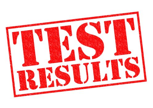 TEST RESULTS red Rubber Stamp over a white background.