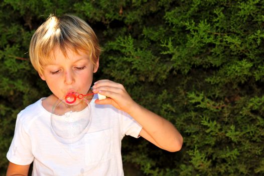 Young boy playing with bubbles in the garden